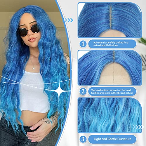 BUPPLER Blue Long Wavy Cosplay Wig 28 Inch Middle Part Synthetic Hair for Women