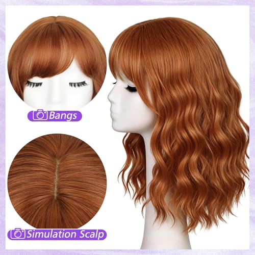Dusty Orange Short Wavy Wig with Bangs for Women 16 Inch Synthetic Hair - AllureLocks