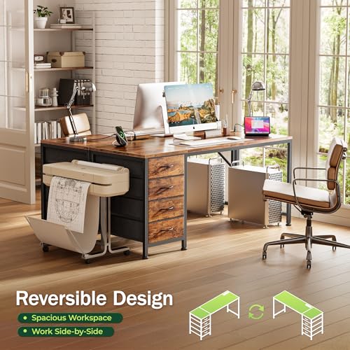 PRAISUN Rustic Brown 55 Inch Computer Desk with USB-C & Power Outlets, Reversible Gaming & Workstation with 4 Fabric Drawers