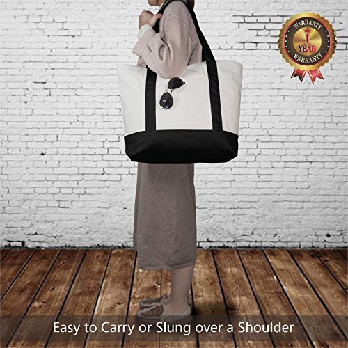 Large Reusable Canvas Tote Bag with External Pocket - Black/Natural, 6 Pack