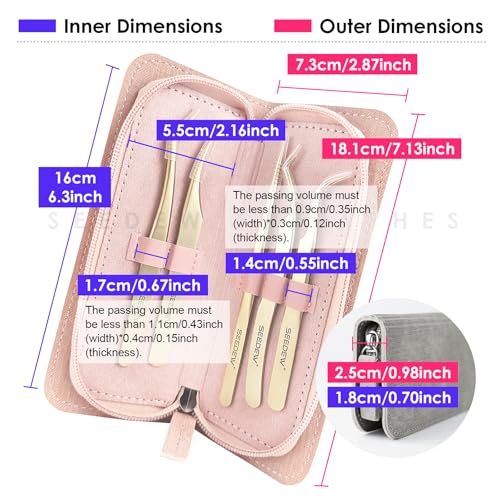 Tweezers Eyelash Extension 5 Pieces Stainless Steel Straight and Curved Professional Set Supplies with a Storage Bag for Lash Tech, Lash Artist Beginner Making Volume Classic Fans(Golden, Pink)