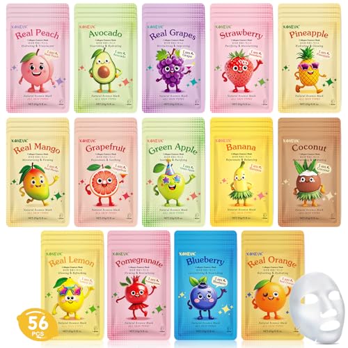 Kids Fruit Collagen Face Masks Set - 56 Pack with Cartoon Fruit Design for Teens & Girls - Skincare & Moisturizing