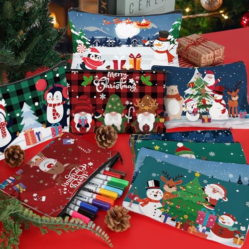 30Pcs Christmas Makeup Bags Canvas Cosmetic Bags with Zipper Portable Santa Gnomes Snowman Xmas Canvas Gift Bag Goodie Bag Travel Toiletry Pouch for Women Holiday Present Xmas Party Gift