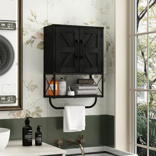 Rustic Farmhouse Wall Medicine Cabinet with Barn Doors - Black