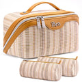 BOYATU Travel Makeup Bag for Women: Large Capacity Open Flat Make up Bag Set of 3 - Vegan Leather Cosmetic Bag with Compartments - Waterproof Toiletry Bag with Handle & Divider(I-4-Gold)