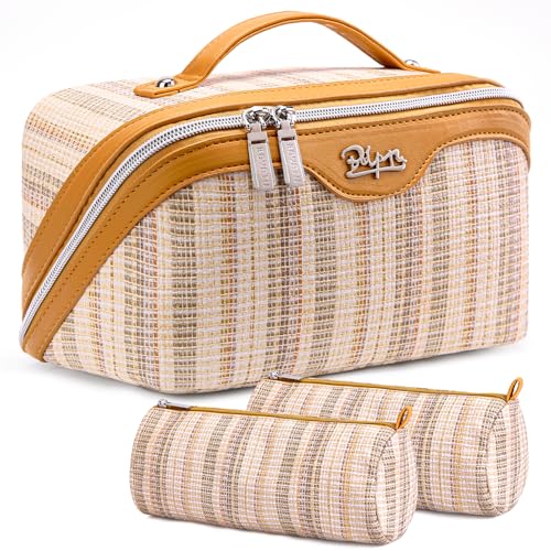 BOYATU Travel Makeup Bag for Women: Large Capacity Open Flat Make up Bag Set of 3 - Vegan Leather Cosmetic Bag with Compartments - Waterproof Toiletry Bag with Handle & Divider(I-4-Gold)