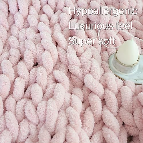 Chenille Chunky Knit Throw Blanket - Handmade Light Pink 60x80 Inches