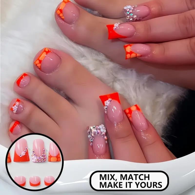 48Pcs Orange Press on Nails French Tip Press on Toenails Set Duck Fake Nails with Rhinestone Design Flower Glue on Toe Nails Glossy Artificial Acrylic Full Cover for Women Manicure