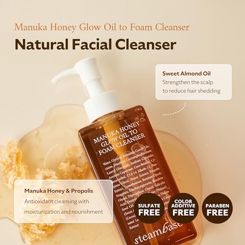 STEAMBASE Manuka Honey Glow Oil to Foam | Daily Makeup Remover and Cleanser, Hydrating Foaming Face Wash for Dry Skin, Double Cleanse | Korean Facial Oil Cleanser, 7.27 fl oz