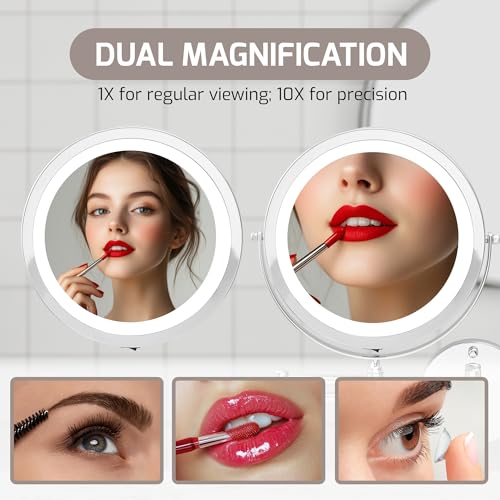 OVENTE Wall Mounted Lighted Makeup Mirror, 9" Double Sided 1X/10X Magnifying Vanity Mirror for Bathroom with LED Lights, Cordless, 360¡Æ Rotation and 13" Extendable Arm, Polished Chrome MFW85CH1X10X