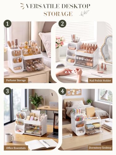 Large White Makeup Organizer for Vanity with 2 Drawers & Brush Holder - Clear Display
