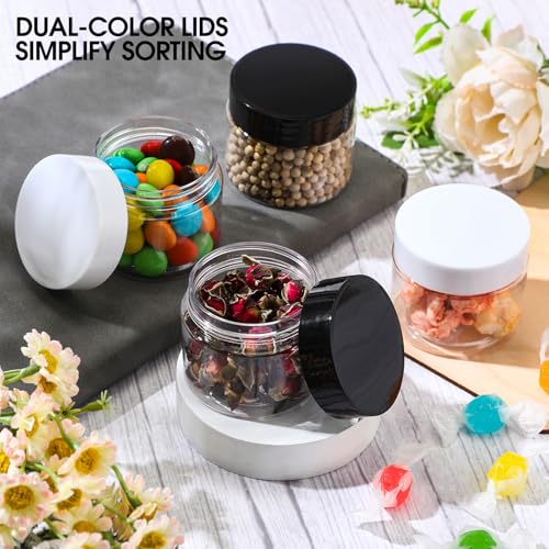 Meanplan 100 Pcs 2 oz Plastic Container Jars Clear Round Cosmetic Container with Lids, Plastic Jars with Screw Lids for Travel Storage, Kitchen Use, DIY Crafts(Black, White, PP)