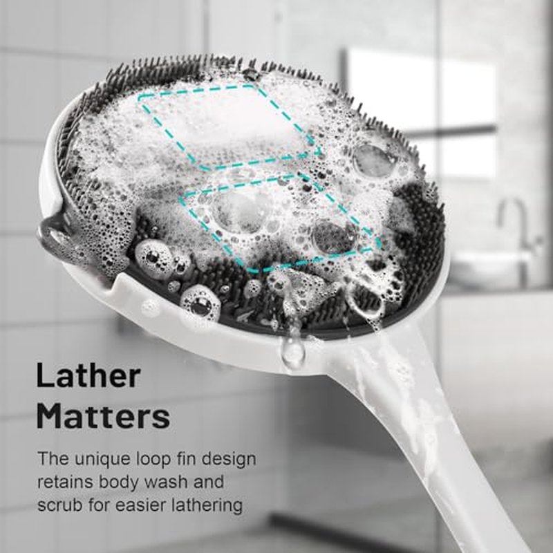 MIHJVLIFE Silicone Back Scrubber for Shower, 16in Lengthen Detachable Long Handle Body Brush, Bristles Loofah for Gentle Exfoliating and Massage Can Produce Rich Foam, Back Scrubber for Men