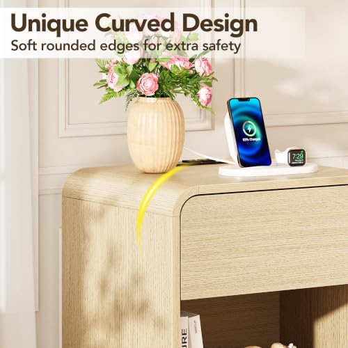 Nightstand Set of 2 with Charging Station Light Oak - Modern Storage & Night Tables with Power Outlets & USB