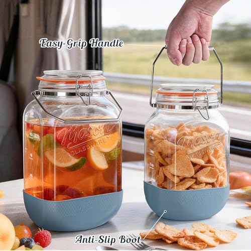 Square 1.5 Gallon Glass Mason Jar with Airtight Lid & Handle - 2 Pack
