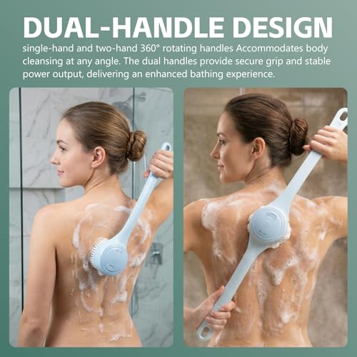 Electric Body Scrubber Back Brush with 4 Heads Waterproof Dual Handle Blue