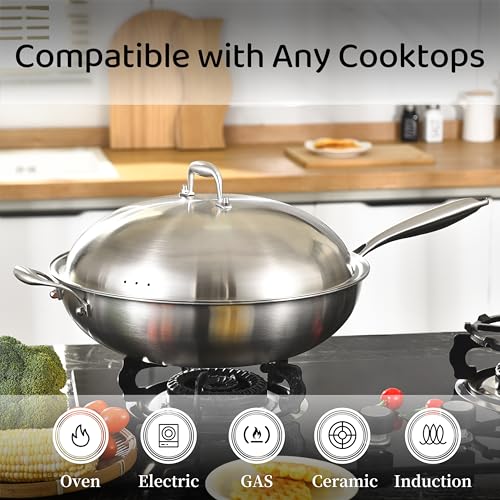 14.5 Inch Stainless Steel Stir-Fry Wok Pan with Steel Lid - Energy Saving, Durable