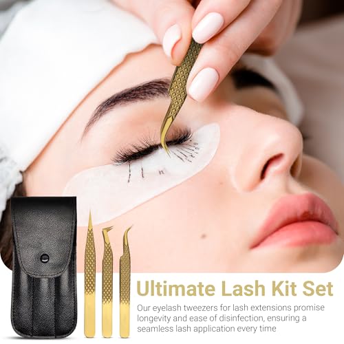Lash Tweezers for Eyelash Extensions with Diamond Grip, Japanese Stainless Steel, Set of 3 - Great Precision for Classic, Volume & Mega Volume, Premium 45 Degree Curved Set for Women (Gold)