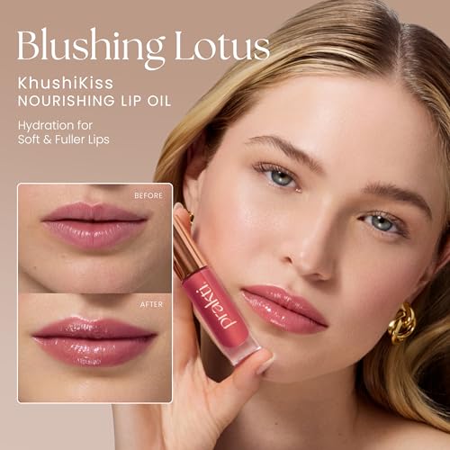 Prakti KhushiKiss Blushing Lotus Lip Oil - Hydrating & Plumping, High Shine, 0.17 oz