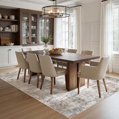 7x9 Area Rug - Washable Neutral Abstract Living Room Carpet - Brown Grey