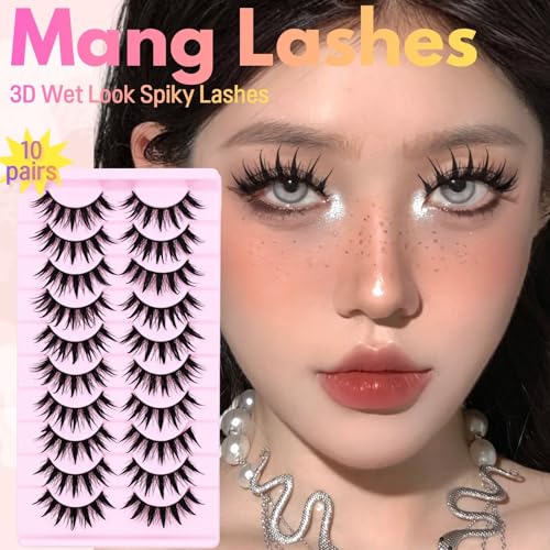 Anime Manga Style Cat Eye False Eyelashes 10 Pairs Wet Look C-Curl Spiky Makeup Lashes with Cotton Band for Cosplay, Daily Wear & Party