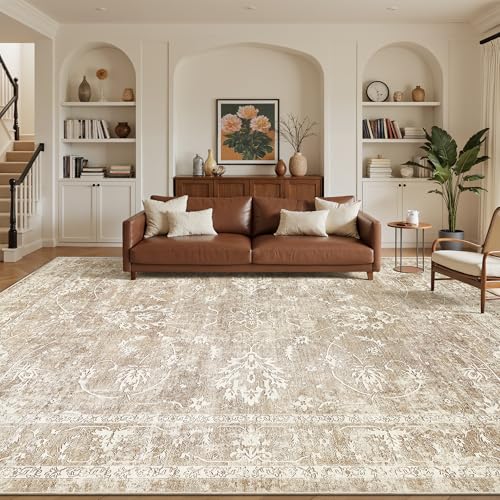 8x10 Washable Area Rug for Living Room - Neutral Beige and Brown