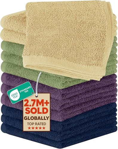 12 Pack Cotton Washcloths - 12x12 Inches, Absorbent & Soft, Variety Colors - Beige, Plum, Sage Green, Navy