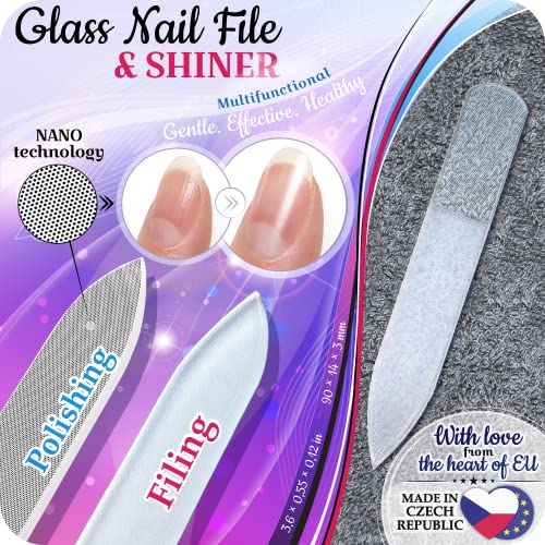 GLADZY Czech Glass Nail File Set with Glass Nail Shiner & Cuticle Pusher? 3 pcs Manicure Kit with Case, Multi-Functional Nano Buffer, Manicure Stick, Etched Crystal File for Natural Nails, Made in EU