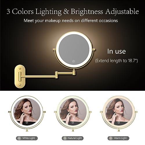 Rechargeable Wall Mounted Lighted Makeup Vanity Mirror 9 Inch Double Sided 1X 10X Magnifying Bathroom Mirror, 3 Color Lighting, Touch Screen Dimming, 360 Rotation Shaving Mirror Gold
