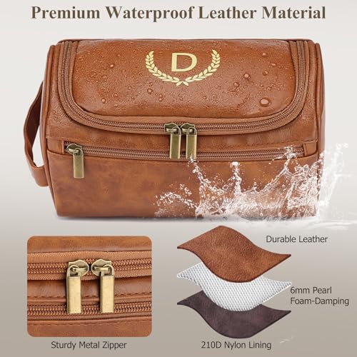 OXYEFEI Personalized Toiletry Bag for Men,Personalized Gifts for Men,Engraved Initial PU Leather Mens Toiletry Travel Shaving Travel Essentials Toiletries Bag for Him Birthday (J, Light Brown)