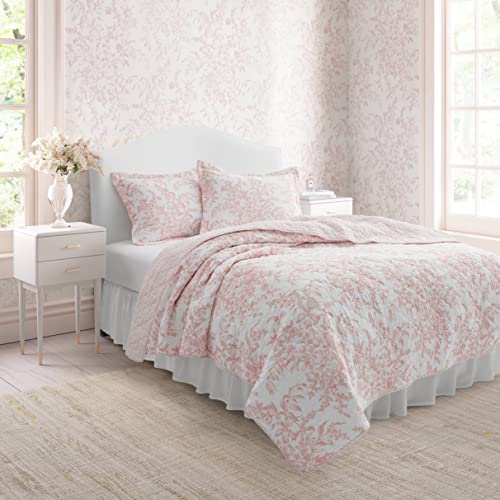 Laura Ashley Twin Cotton Quilt Set with Pillow Sham - Bedford Pink Reversible Bedding
