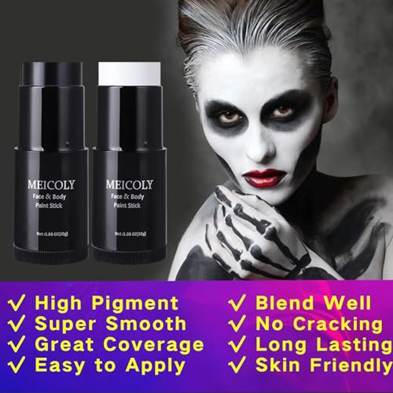 MEICOLY Black White Face Body Paint Stick Set with Sponges and Setting Powder,Face Paint Stick for Adults and Kids,Clown White Makeup,Face Painting for Halloween SFX Skull Zombie Skeleton Goth Makeup