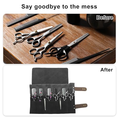 VOCOSTE Black Barber Scissors Roll-Up Bag with 12 Pockets, Durable Hair Tool Case