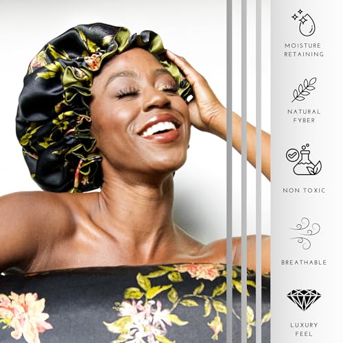 Wild Rose Mulberry Silk Bonnet for Sleeping - 19 Momme Double Layer, Non-Slip Hair Wrap for Curly Hair