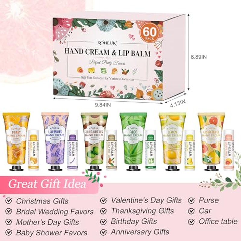 60 Pack Hand Cream Bulk and Lip Balm Bulk Sets, Easter Basket Stuffers, Mothers Day Gifts and Bridal Shower Gifts for Guests, Teacher Appreciation Gifts, Nurse Gifts, Birthday Gifts, Small Gifts