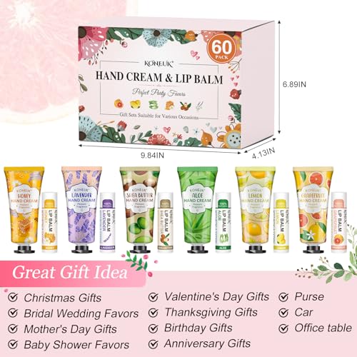 60 Pack Hand Cream and Lip Balm Bulk Gift Sets with Thank You Cards & Organza Bags – Assorted Scents