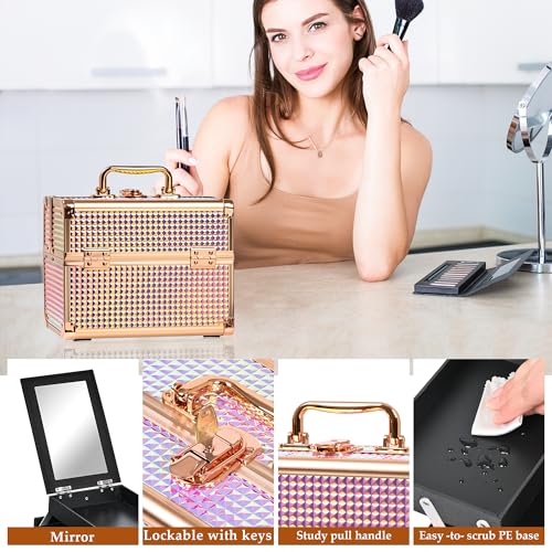 GALHUBIS Colorful Pink Makeup Train Case Organizer with Mirror & Pouch