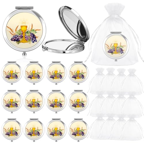 Yerliker 24 Pcs Baptism Favor Set, Compact Mirro Religious Baptism Gift for Guests 12 Pcs Mirror with Organza Bags Christening Holy Spirit Dove Primera Comunion Bautizo Recuerdos for Guests