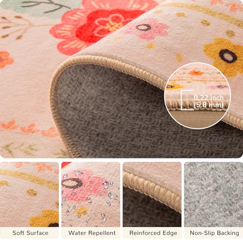 Washable Floral Area Rug 6x9 Pink Beige - Non-Slip, Machine Washable Living Room Decor