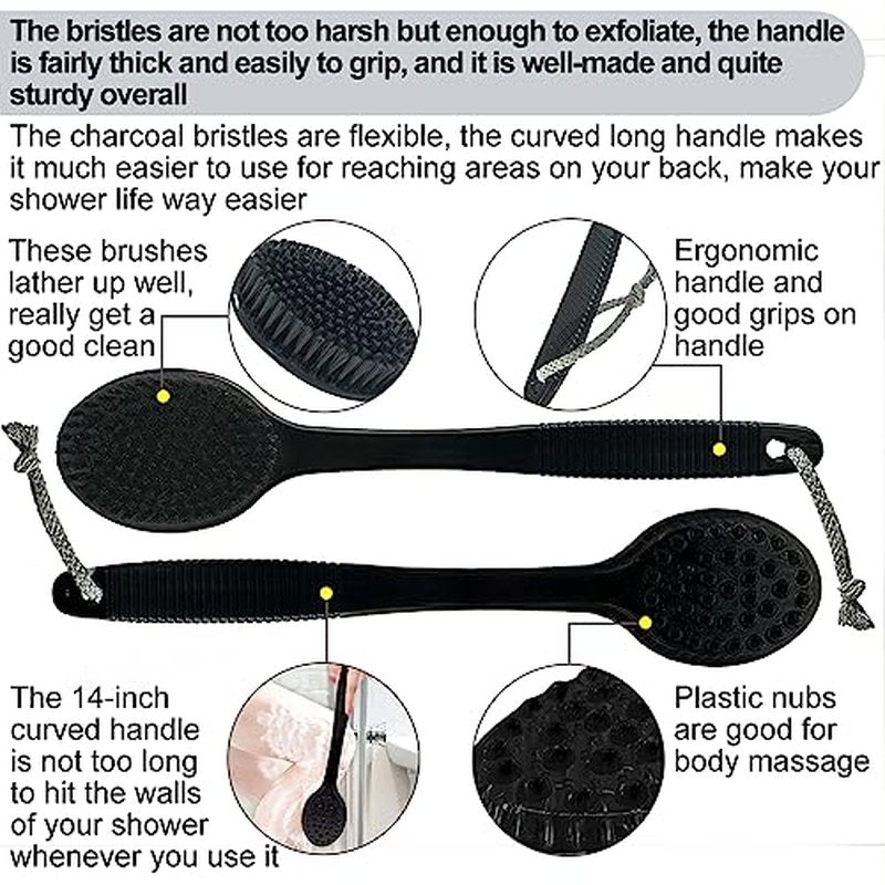 Back Bath Brush - Curved Long Handle Shower Brush with Medium Stiff Charcoal Bristles for Cleaning and Exfoliating Body, Back Scrubber for Men & Women (Black 2 Pack)