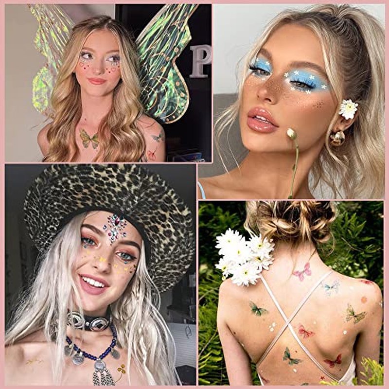 32 Sheets Face Temporary Tattoo, 20 sheets Glitter Metallic Freckle Tattoos, 12 PCS Butterflies Fake Tattoos Stickers for Festival Makeup Rave Accessories