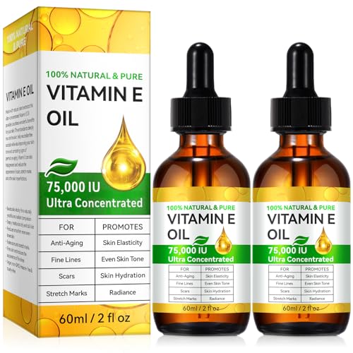 2 Pack Vitamin E Oil, Vitamin E Oil Blend 75,000 IU for Plump Skin, Reduce Fine Lines & Scars, Moisturizing Skin, for Skin, Scars, Face & Full Body
