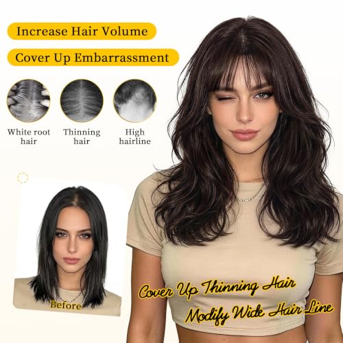 Lativ Dark Brown Wavy Wig with Bangs for Women Synthetic 18-Inch Layered Hair
