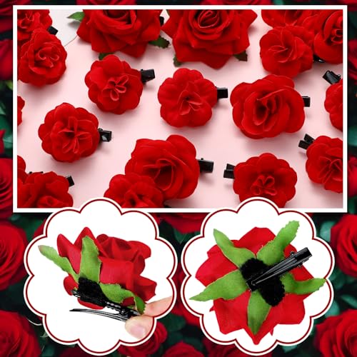 BBTO 21 Pieces Flower Hair Clip Rose Hair Clips Hair Barrettes for Women Flower Hair Accessories Boho Bride Claw Clip Hairpin Brooch Pin Headpiece for Wedding(Red,Large, Medium, Small)