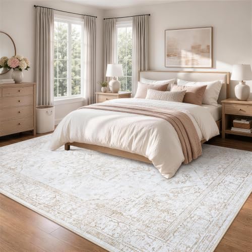 Xafir 8x10 Beige Washable Non-Slip Area Rug for Living Room