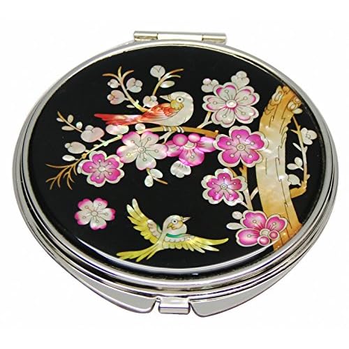 Mother of Pearl Design 2-Sided 2X/1X Magnification Compact Mirror, Pocket Travel Makeup Mirror, Small Metal Portable Handheld Cosmetic Mirror for Purses, Gift for Mom Women (Pink Plum Flower)