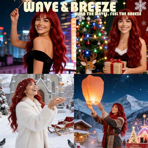 Red Wavy Curly Wig with Bangs - 26 Inch Long Synthetic Hair for Women - Variation of THIS listing