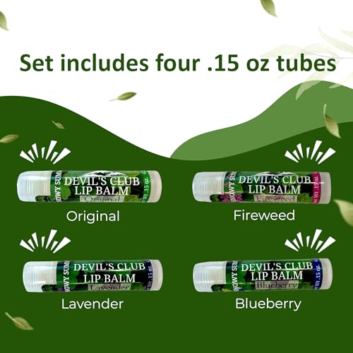 Snowy Summit Devil's Club Lip Balm Set - Contains Fireweed, Lavender, Blueberry - Natural Moisturizing Chapstick with Vitamin E - Handcrafted in Alaska - 4 x .15 oz Tubes for Soft, Smooth Lips