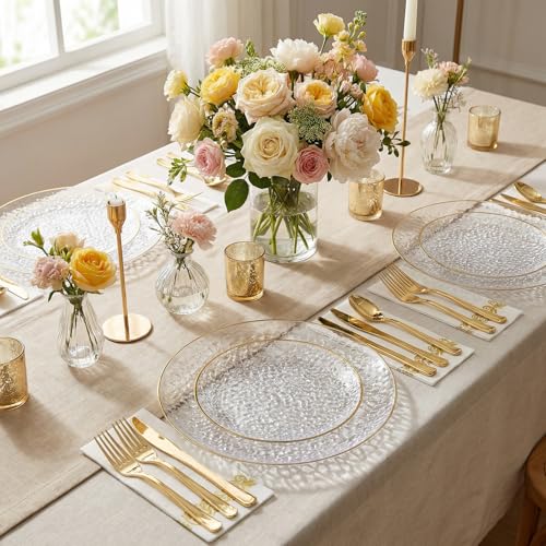 Rubtlamp Clear Gold Hammered Plastic Plates Set - Disposable Dinnerware for Parties