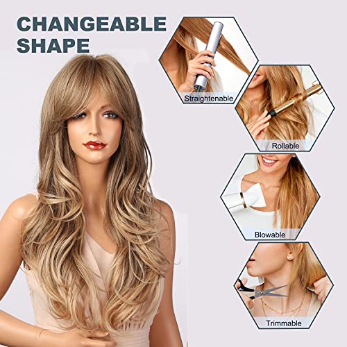 Esmee 24in Long Wavy Mixed Ash Blonde Wig with Bangs for Women - with Adjustable Cap